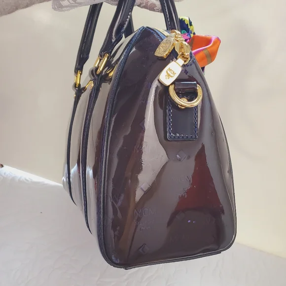 MCM Patent Embossed Satchel Crossbody Bag Ombre Brown Blue Purple - Picture 9 of 16